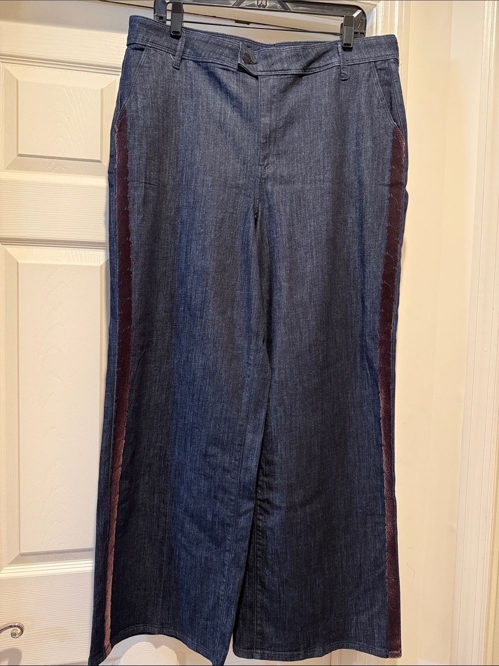 Wide Leg High Cinched Waist Dark Denim Pants with Brown Velvet Pattern Stripe 14